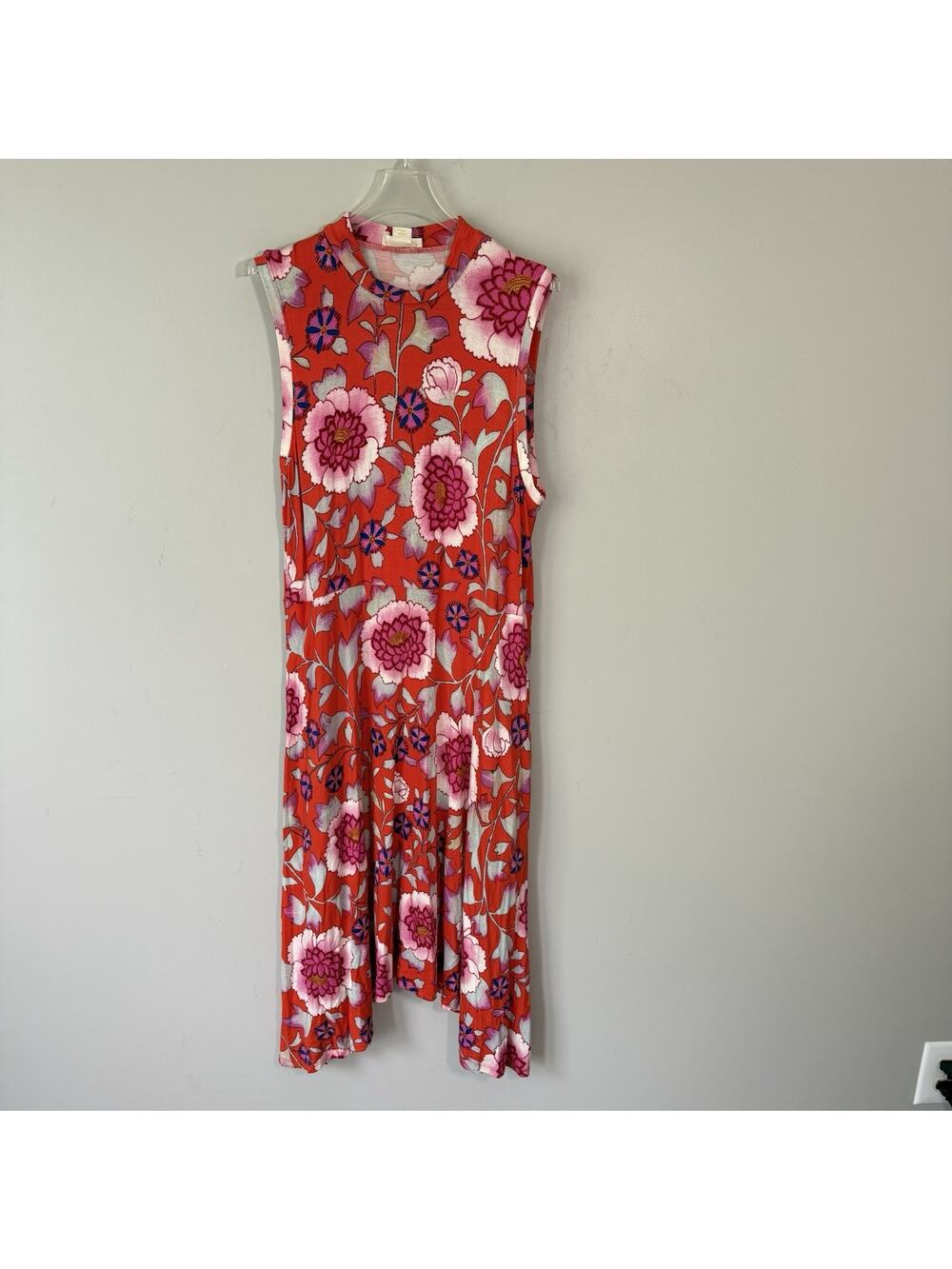 Anthropologie Maeve Cleary Red Pink Floral Mock Neck Midi Dress Rayon Jersey L